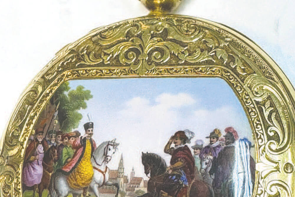 a painting of people riding horses in a gold frame