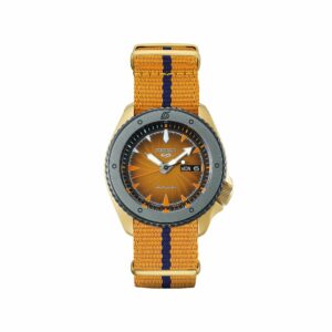 a watch with an orange and blue strap