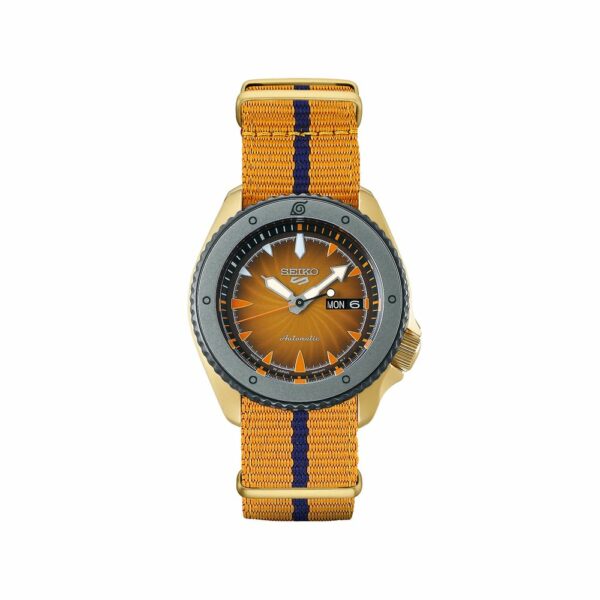 a watch with an orange and blue strap