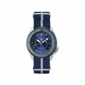a watch with blue and white stripes on it