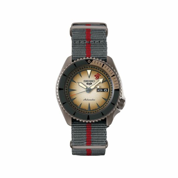 a watch with a red stripe around the strap