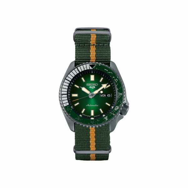 a watch with green and yellow straps