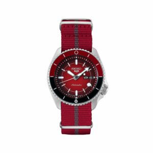 a red watch with black and white stripes