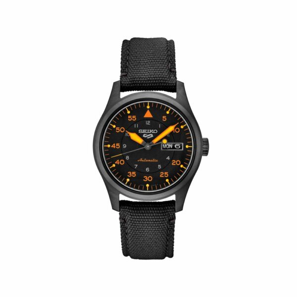 a black watch with yellow hands and an orange second hand