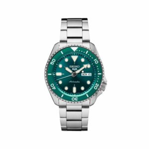 a watch with green dials on a stainless steel bracelet