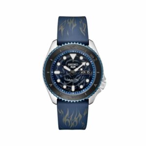 a blue watch with flames on it