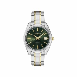 a watch with two tone gold and green dials
