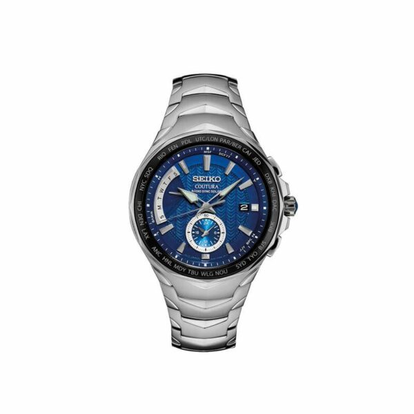 a silver watch with blue dials on a white background