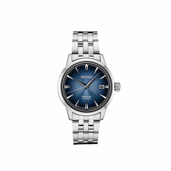 a stainless steel watch with blue dials