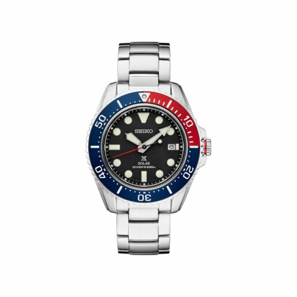 a watch with a blue and red face