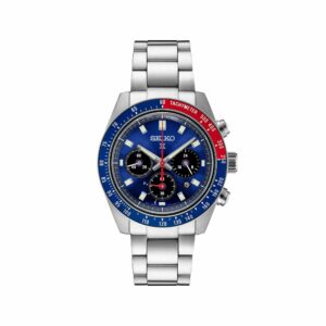 a watch with blue and red dials