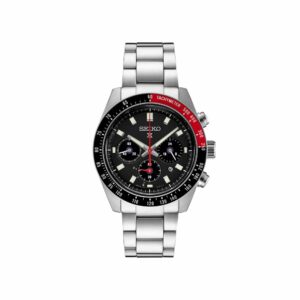 a watch with a black face and red hands