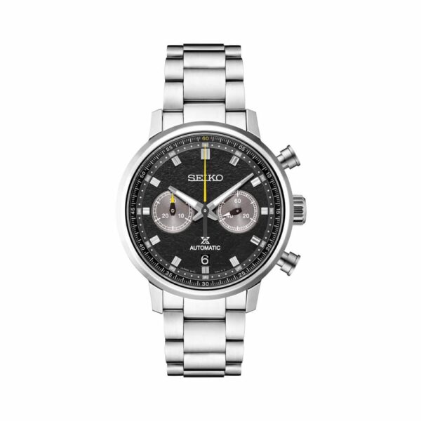 a silver watch with black face and yellow hands