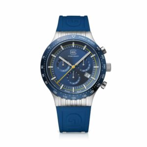 a blue and silver watch on a white background