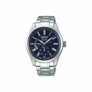 a silver watch with blue dials and roman numerals