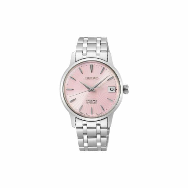 a silver watch with pink dials on a white background