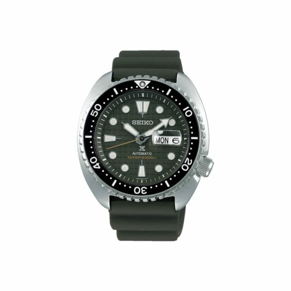 a watch with black dials and green rubber strap