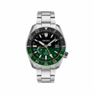 a green and black watch on a stainless steel bracelet