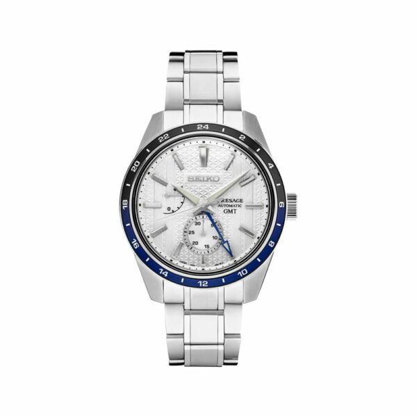 a silver watch with blue accents on the face