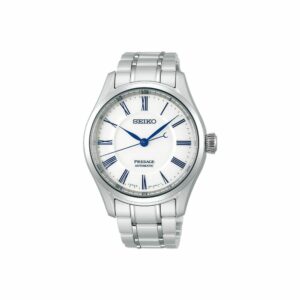 a silver watch with roman numerals and blue hands
