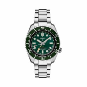 a watch with green dials on a steel bracelet
