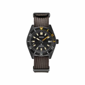 a watch with a black dial and yellow hands