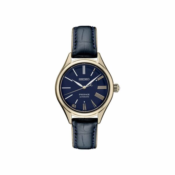 a gold watch with blue leather straps