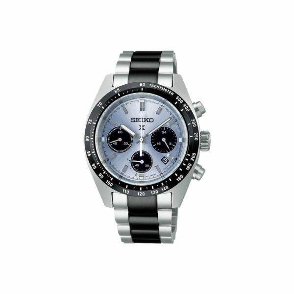 a silver and black watch on a white background