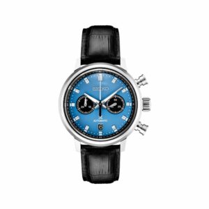 a watch with blue dials and black leather straps