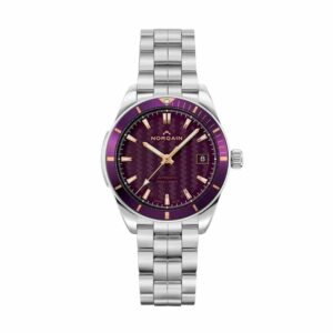 a watch with a purple dial and yellow hands