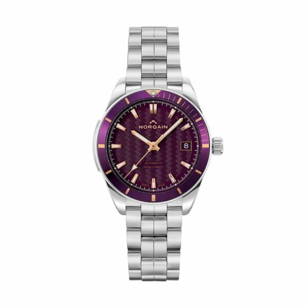 a watch with a purple dial and yellow hands