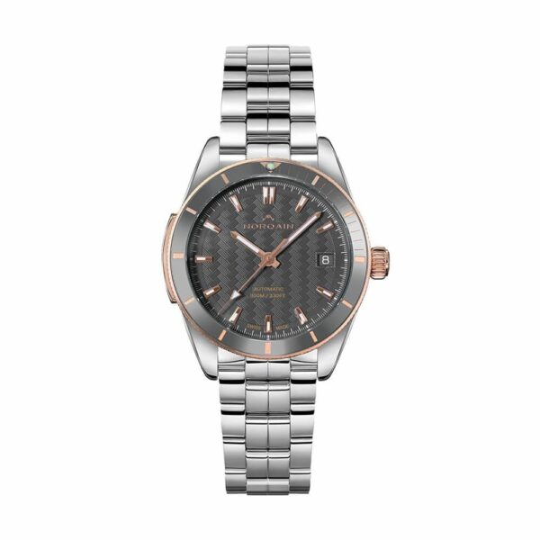 a watch with a black dial and rose gold hands