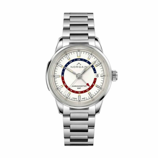 a watch with a white dial and red, blue, and yellow numbers