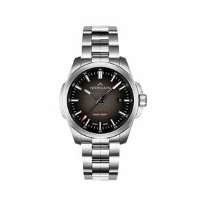 a watch with a black dial on a steel bracelet