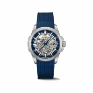 a blue watch with a skeleton face on it