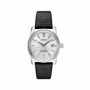 a silver watch with black leather straps
