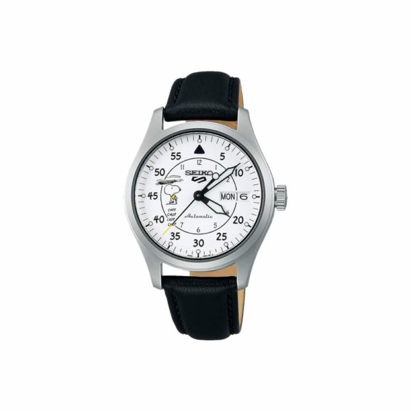 a white watch with black leather strap