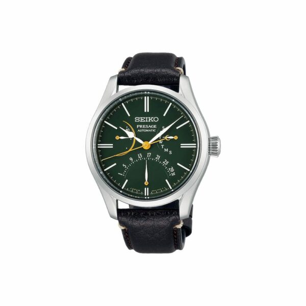 a green and gold watch with black leather strap