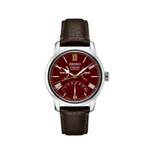 a red and brown watch with roman numerals