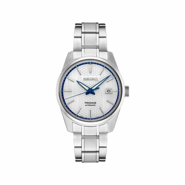 a silver watch with blue hands on a white background