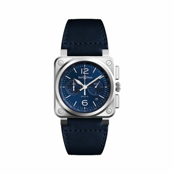 a watch with blue leather straps on a white background