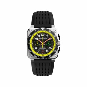 a black and yellow watch on a white background