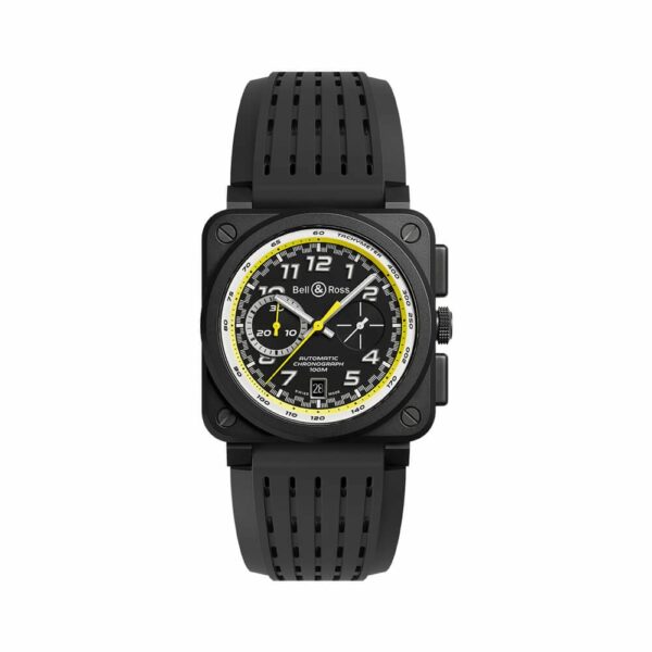 a black watch with yellow and white numbers