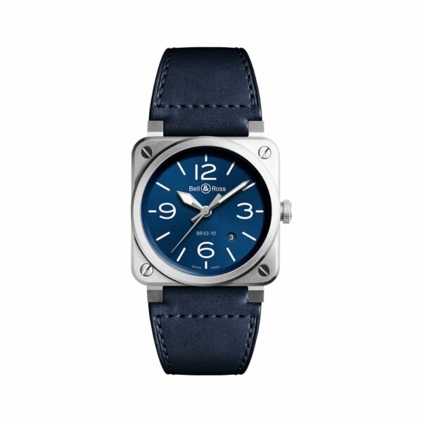 a watch with blue dials and leather straps