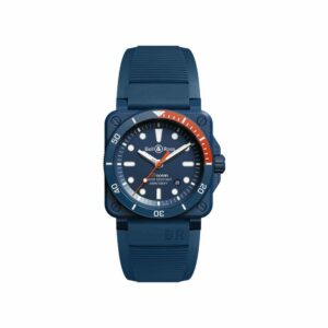 a blue watch with an orange second hand