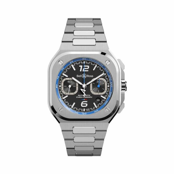 a silver watch with blue numbers on the face