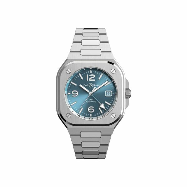 a silver watch with blue dials on a white background