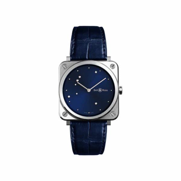 a watch with blue leather straps on a white background