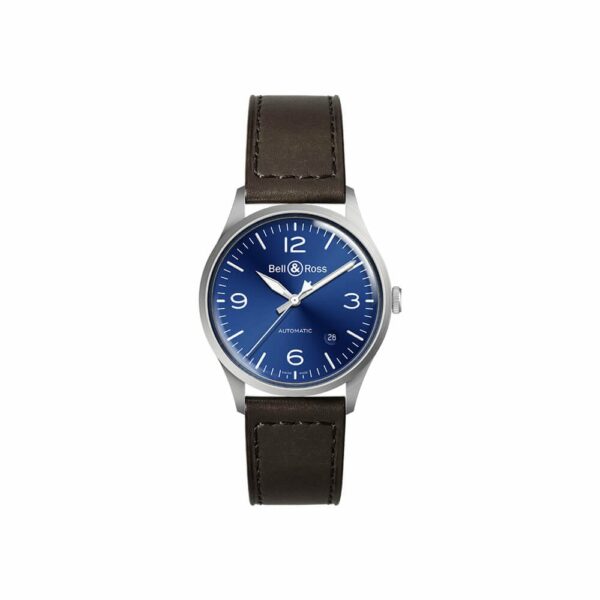 a blue and silver watch with brown leather straps