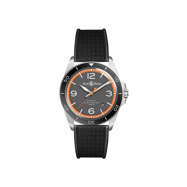 a watch with an orange second hand
